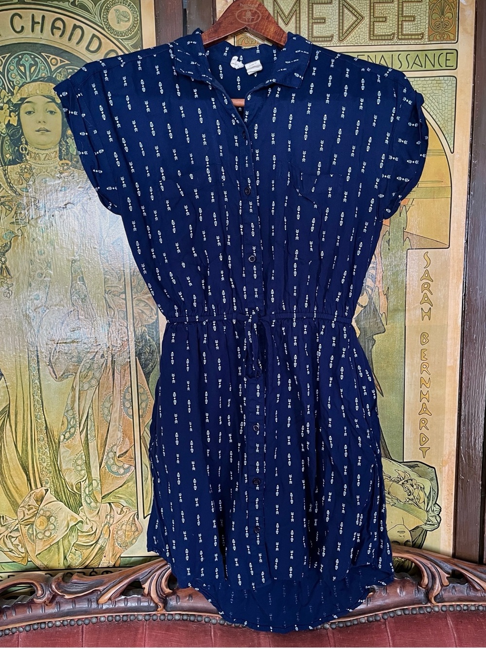 Japna Shirt Dress Sz. Sm. Navy Blue Mini Dress with White Chevron Print